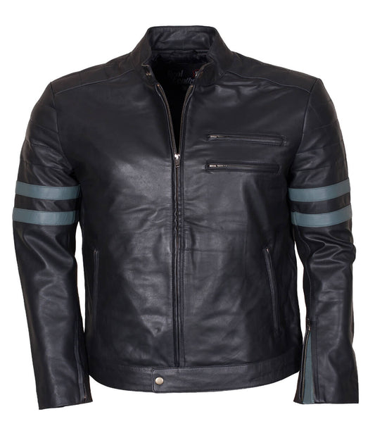 Men Grey Arm Striped Cafe Racer Real Leather Jacket 