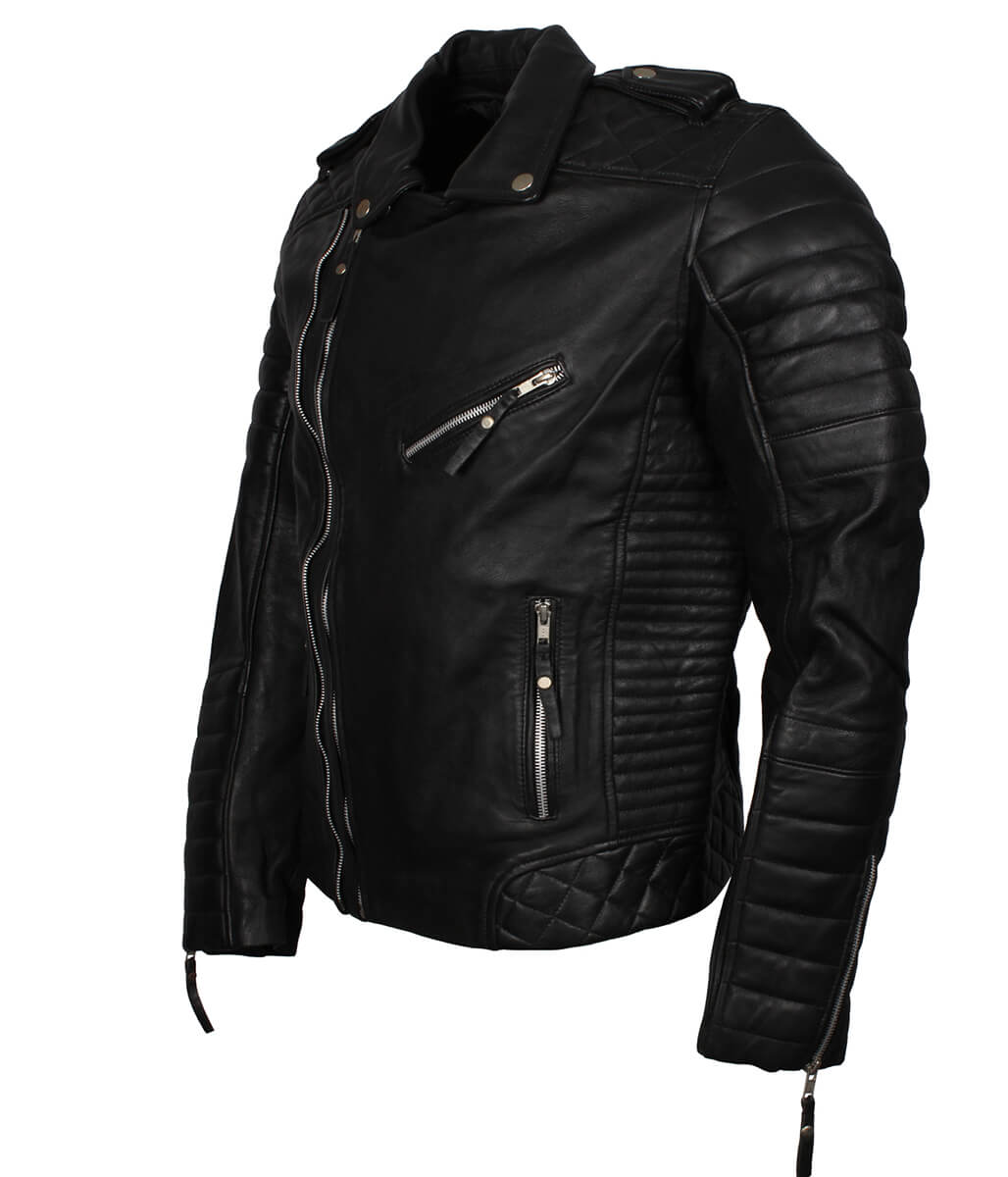 Men Jet Black Quilted Asymmetric Leather Jacket