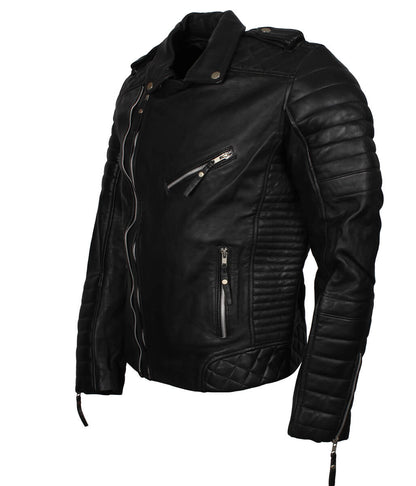 Men Jet Black Quilted Asymmetric Leather Jacket