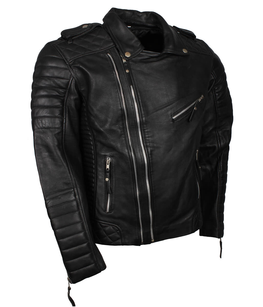 Men Jet Black Quilted Asymmetric Leather Jacket