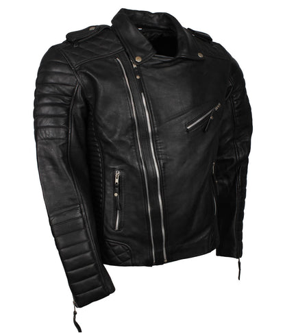 Men Jet Black Quilted Asymmetric Leather Jacket