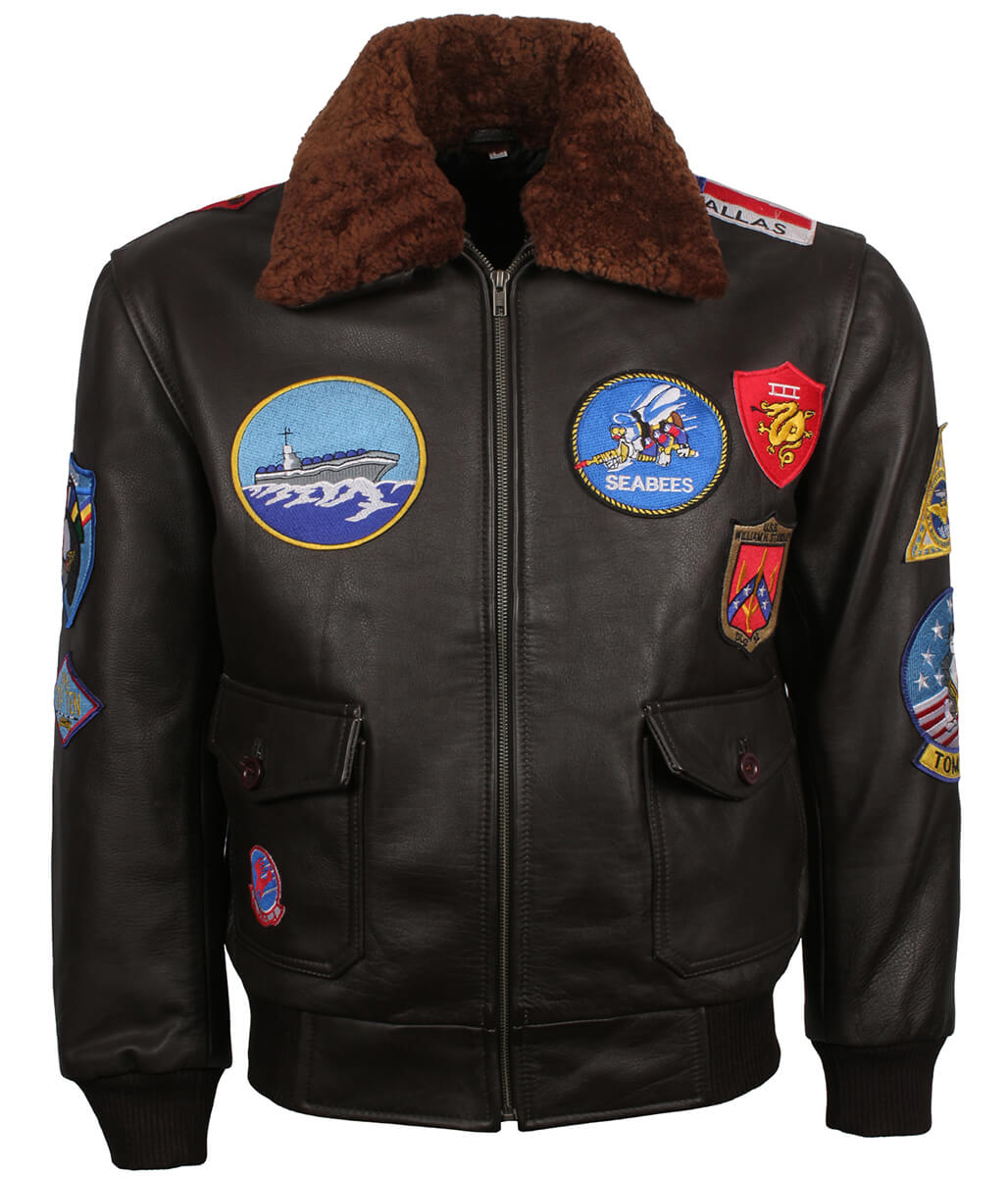 Men Naval Aviator Patches Dark Brown Bomber Leather Jacket
