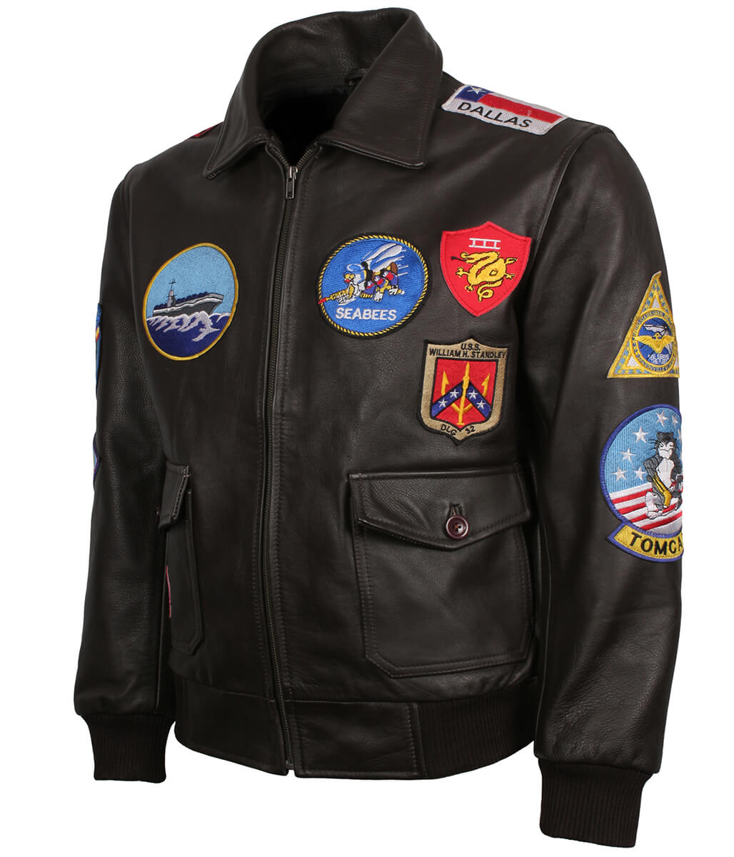 Men Naval Aviator Patches Dark Brown Bomber Leather Jacket
