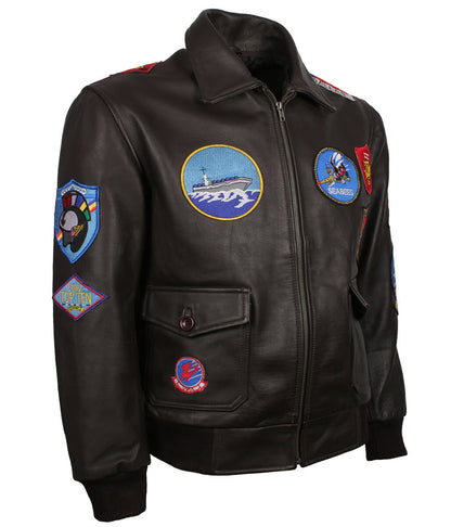 Men Naval Aviator Patches Dark Brown Bomber Leather Jacket