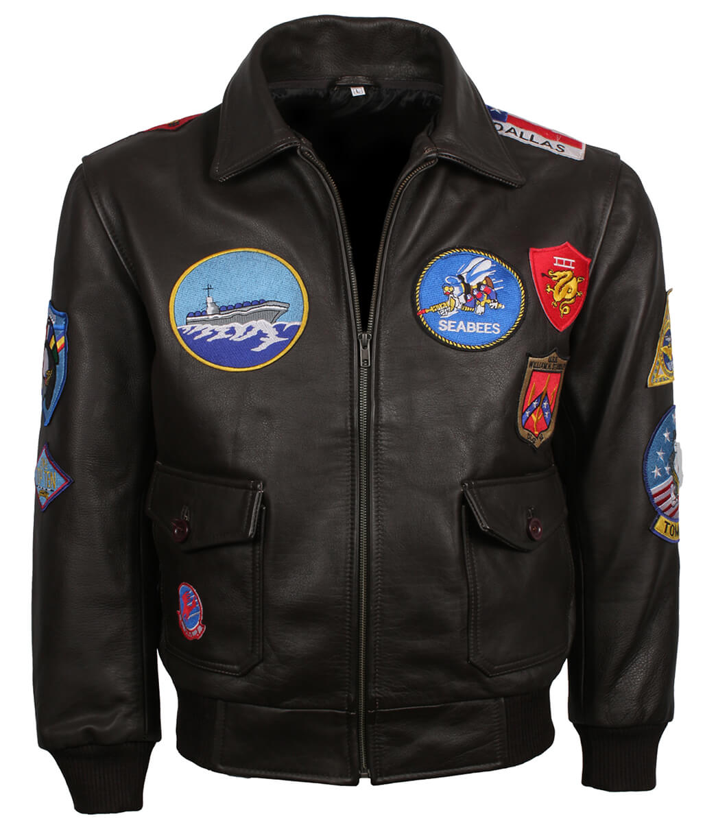 Men Naval Aviator Patches Dark Brown Bomber Leather Jacket