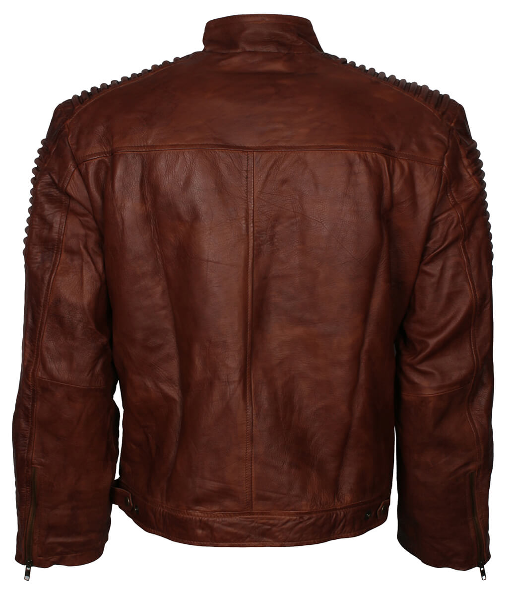 Men Padded Shoulder Waxed Cognac Brown Leather Jacket