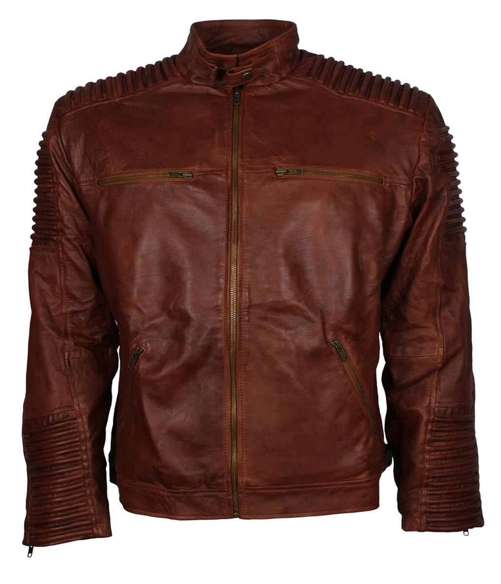 Men Padded Shoulder Waxed Cognac Brown Leather Jacket