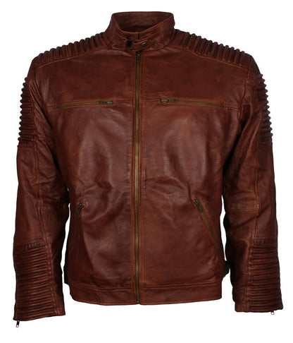 Men Padded Shoulder Waxed Cognac Brown Leather Jacket