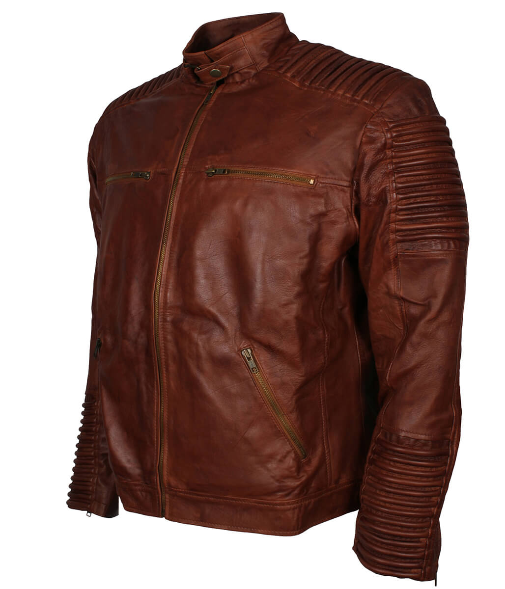 Men Padded Shoulder Waxed Cognac Brown Leather Jacket