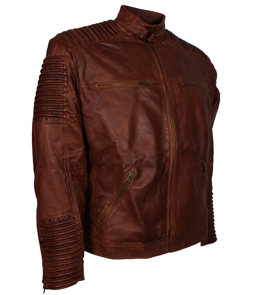 Men Padded Shoulder Waxed Cognac Brown Leather Jacket