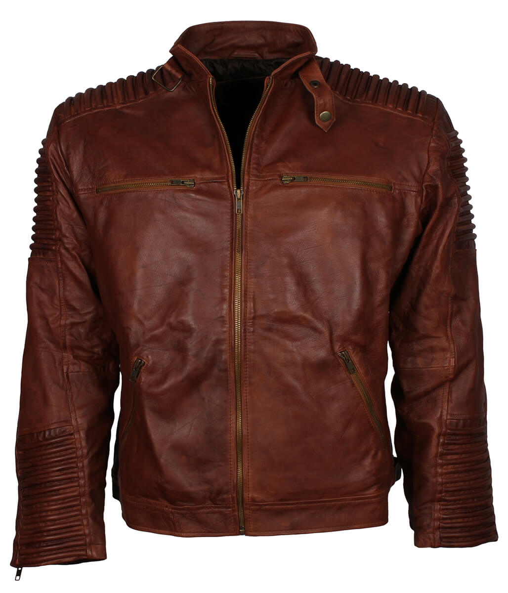 Men Padded Shoulder Waxed Cognac Brown Leather Jacket