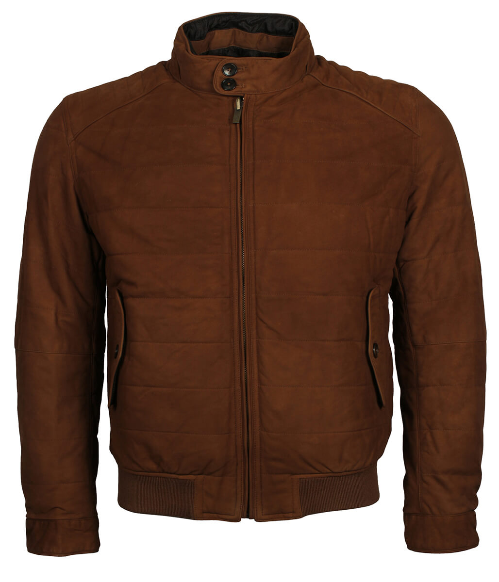Men Quilted Tobacco Brown Suede Bomber Jacket