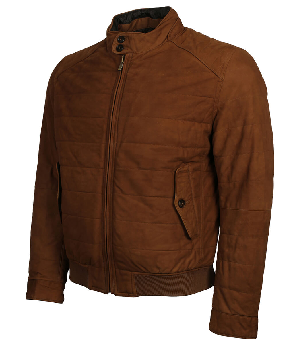 Men Quilted Tobacco Brown Suede Bomber Jacket