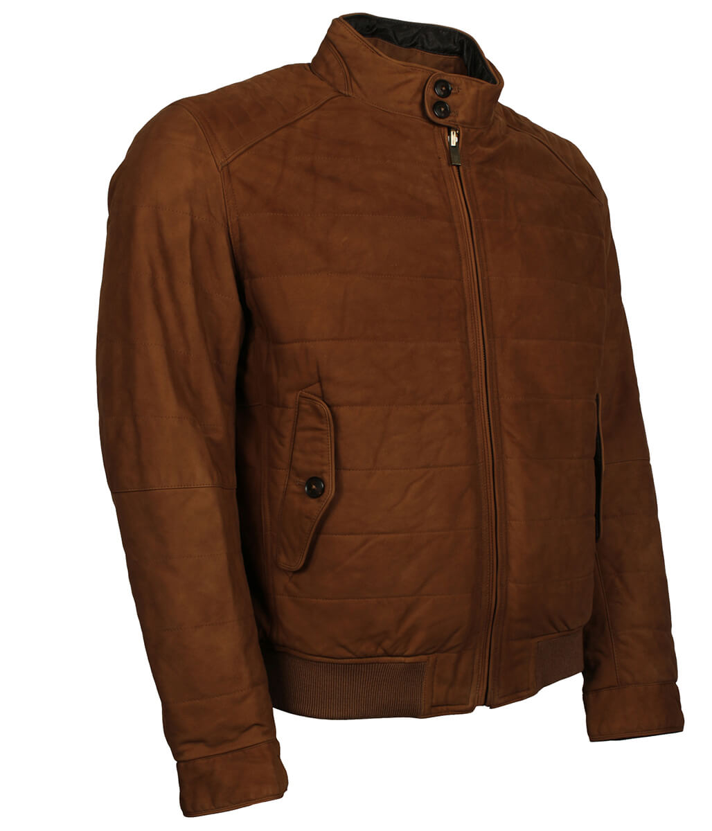 Men Quilted Tobacco Brown Suede Bomber Jacket