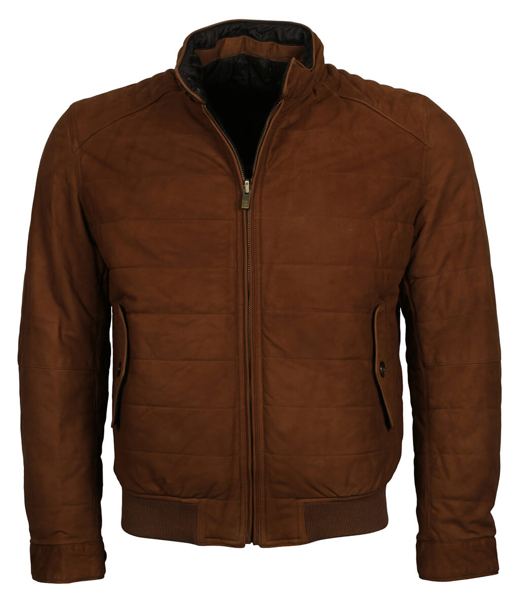 Men Quilted Tobacco Brown Suede Bomber Jacket