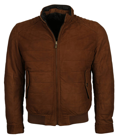 Men Quilted Tobacco Brown Suede Bomber Jacket
