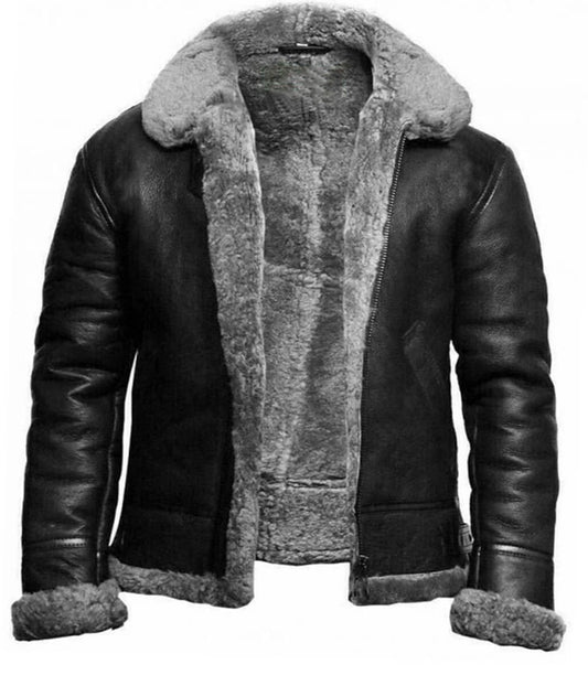 Men’s B3 Bomber Aviator Sheepskin Black Leather Fur Jacket