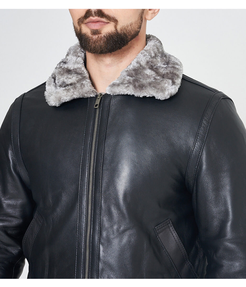 Men’s B3 Bomber Aviator Sheepskin Black Leather Fur Jacket
