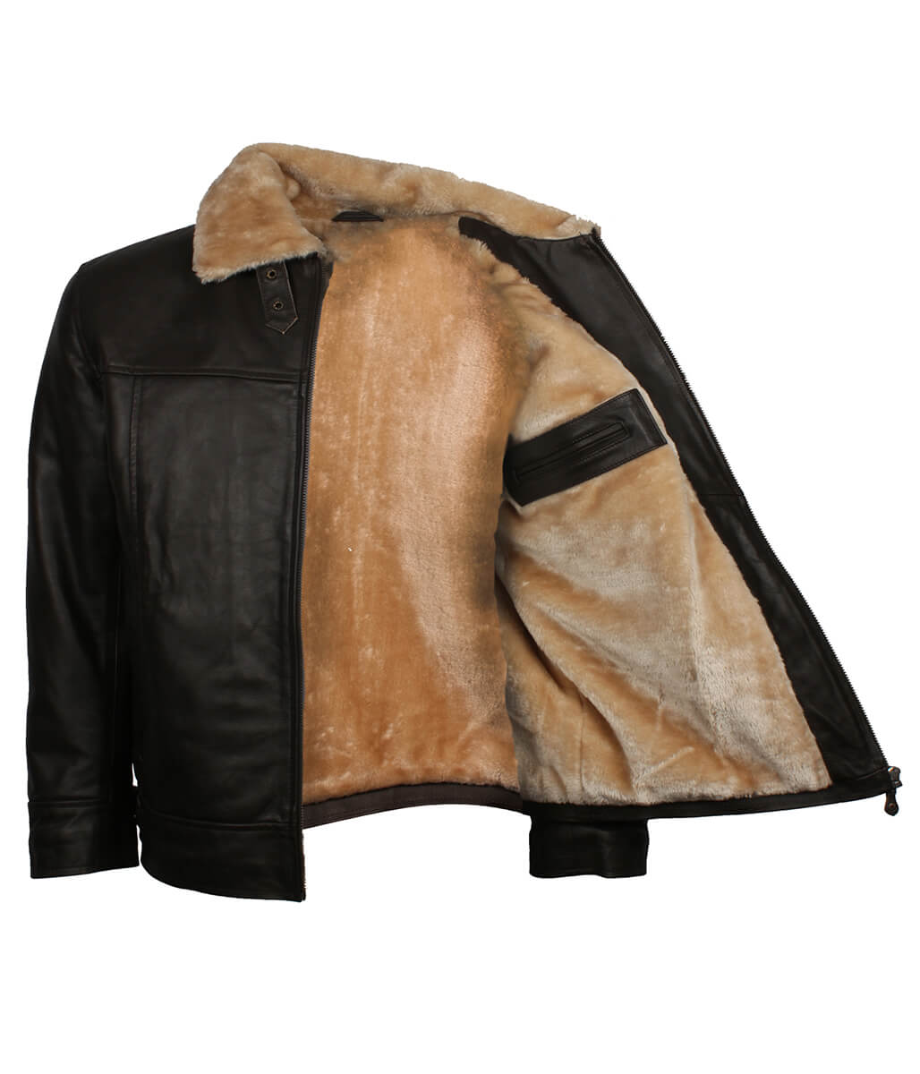 Men Shearling Collar Dark Brown Leather Bomber Jacket