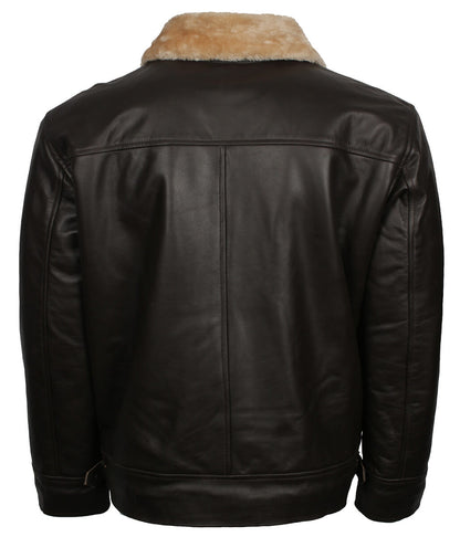 Men Shearling Collar Dark Brown Leather Bomber Jacket