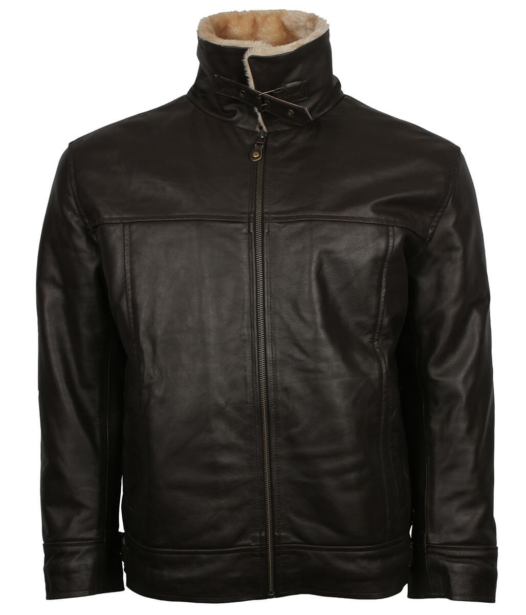 Men Shearling Collar Dark Brown Leather Bomber Jacket