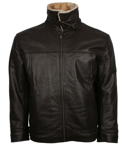 Men Shearling Collar Dark Brown Leather Bomber Jacket