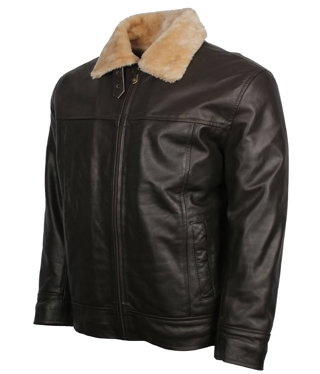 Men Shearling Collar Dark Brown Leather Bomber Jacket