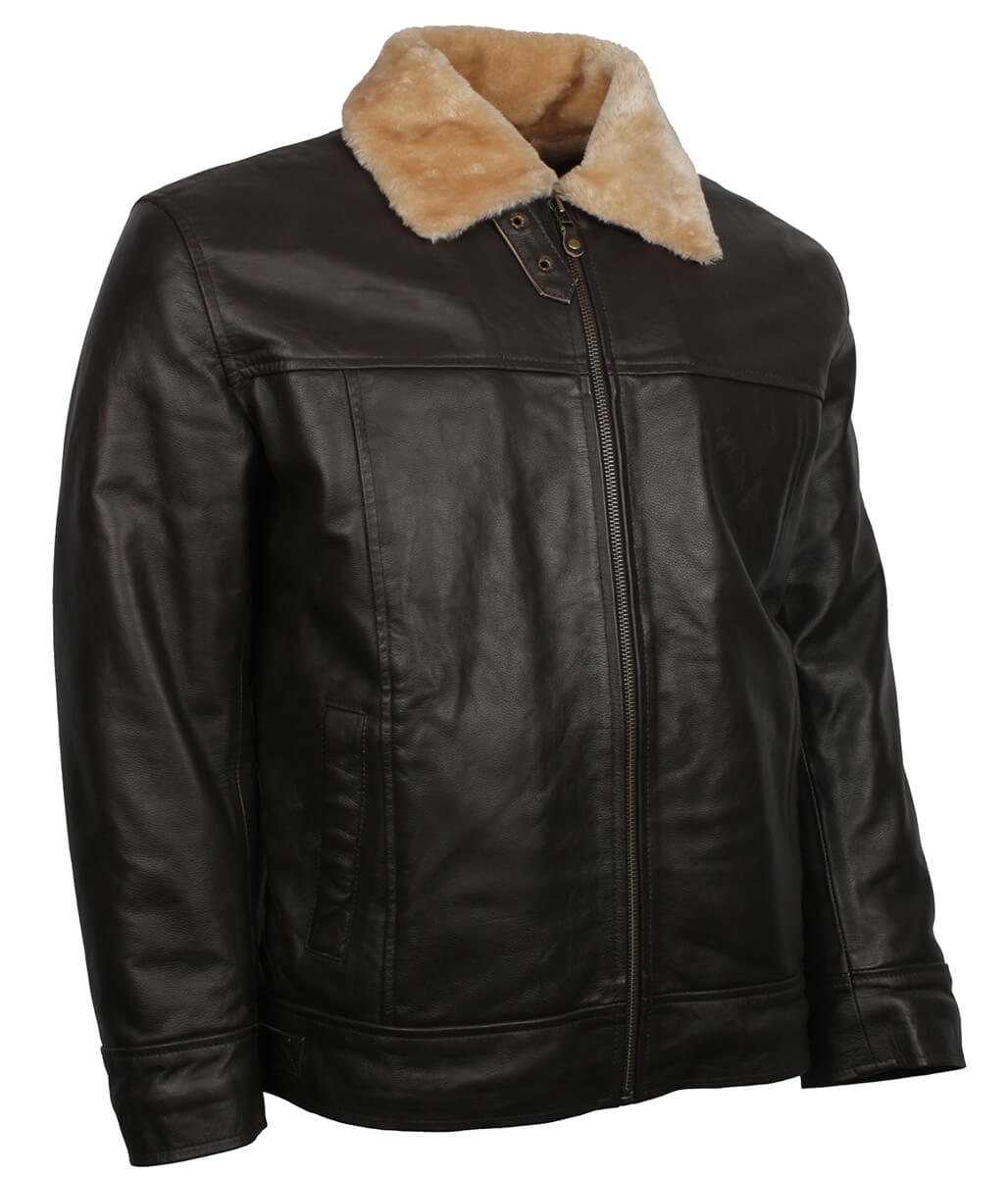 Men Shearling Collar Dark Brown Leather Bomber Jacket
