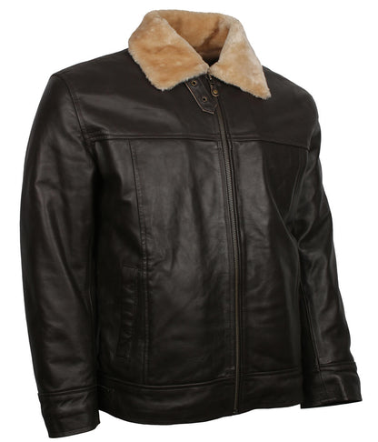 Men Shearling Collar Dark Brown Leather Bomber Jacket