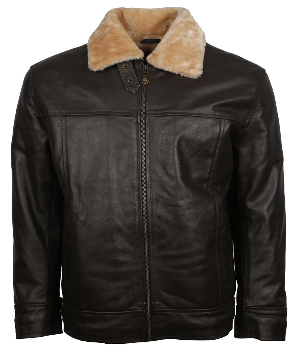 Men Shearling Collar Dark Brown Leather Bomber Jacket
