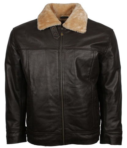 Men Shearling Collar Dark Brown Leather Bomber Jacket