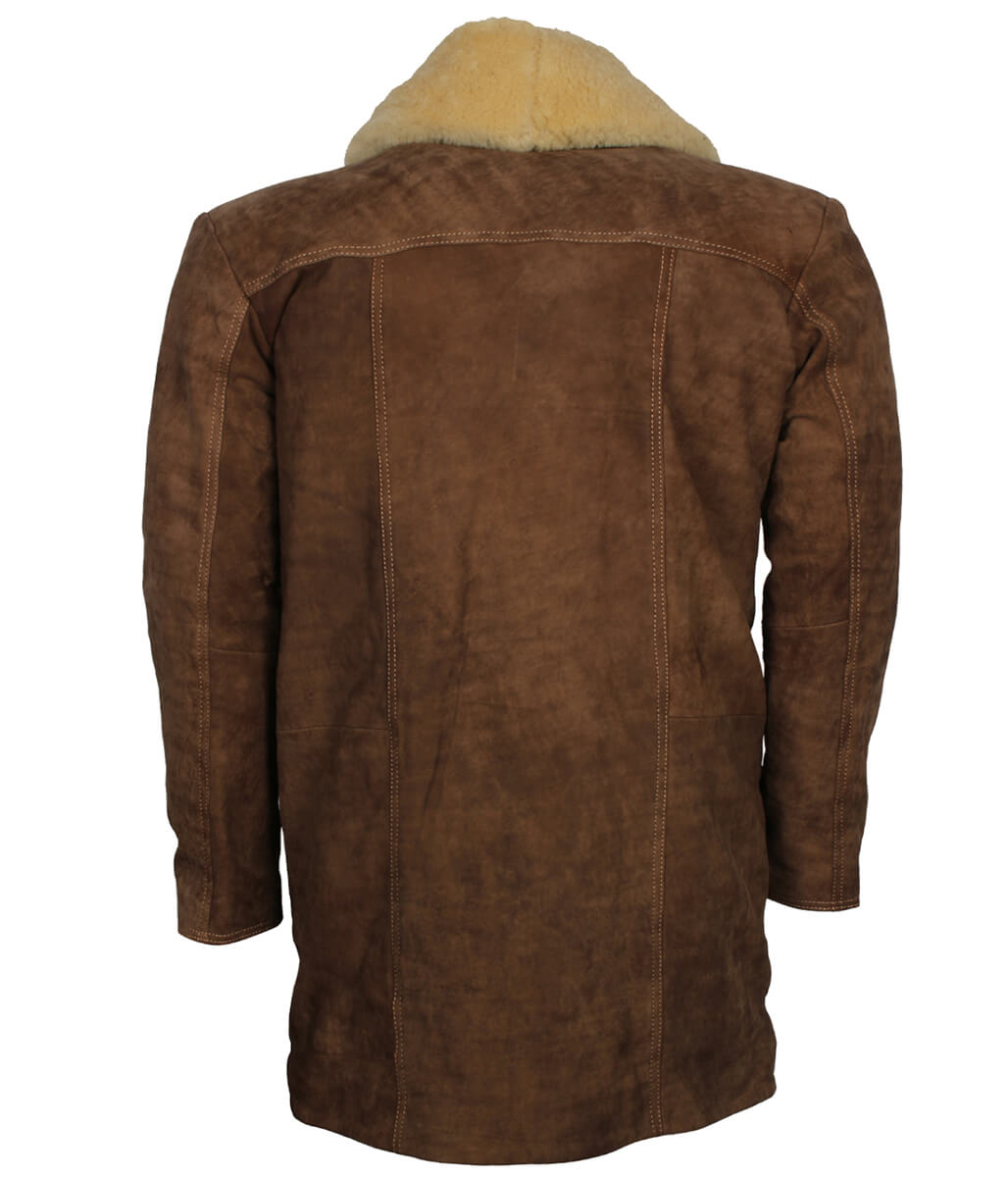 Men Shearling Collar Double-Breasted Suede Brown Leather Coat