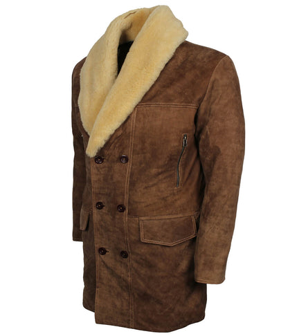 Men Shearling Collar Double-Breasted Suede Brown Leather Coat