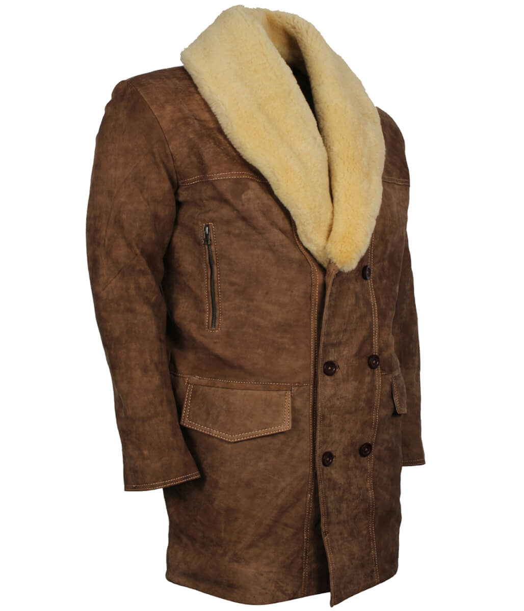 Men Shearling Collar Double-Breasted Suede Brown Leather Coat