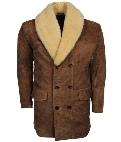 Men Shearling Collar Double-Breasted Suede Brown Leather Coat