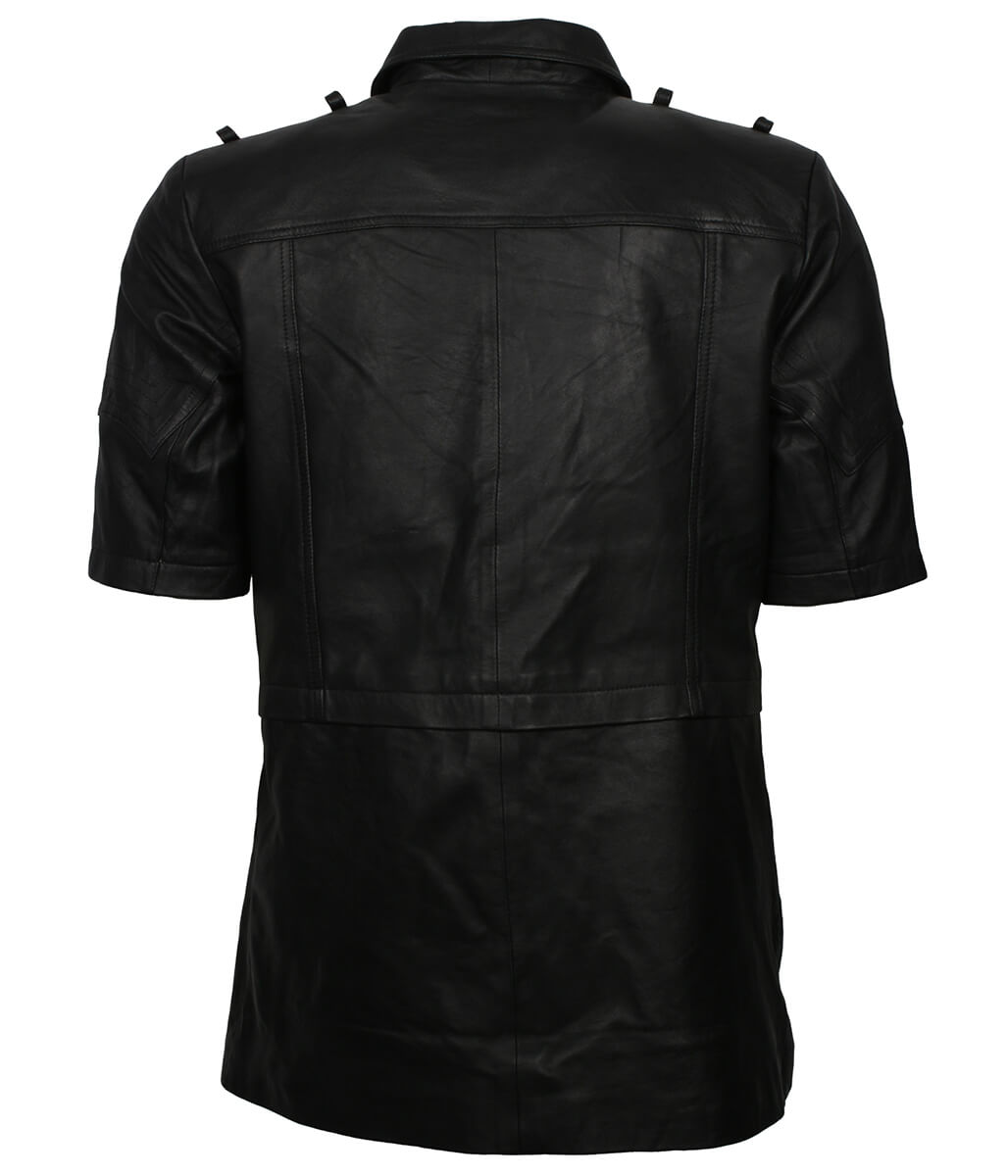 Men Short Sleeve Multi-Pocket Black Leather Coat