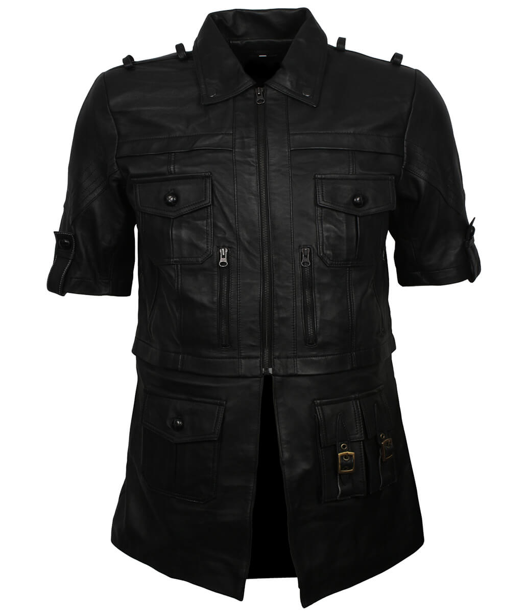 Men Short Sleeve Multi-Pocket Black Leather Coat