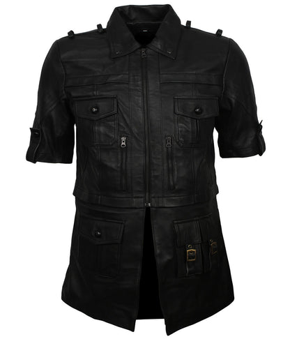 Men Short Sleeve Multi-Pocket Black Leather Coat