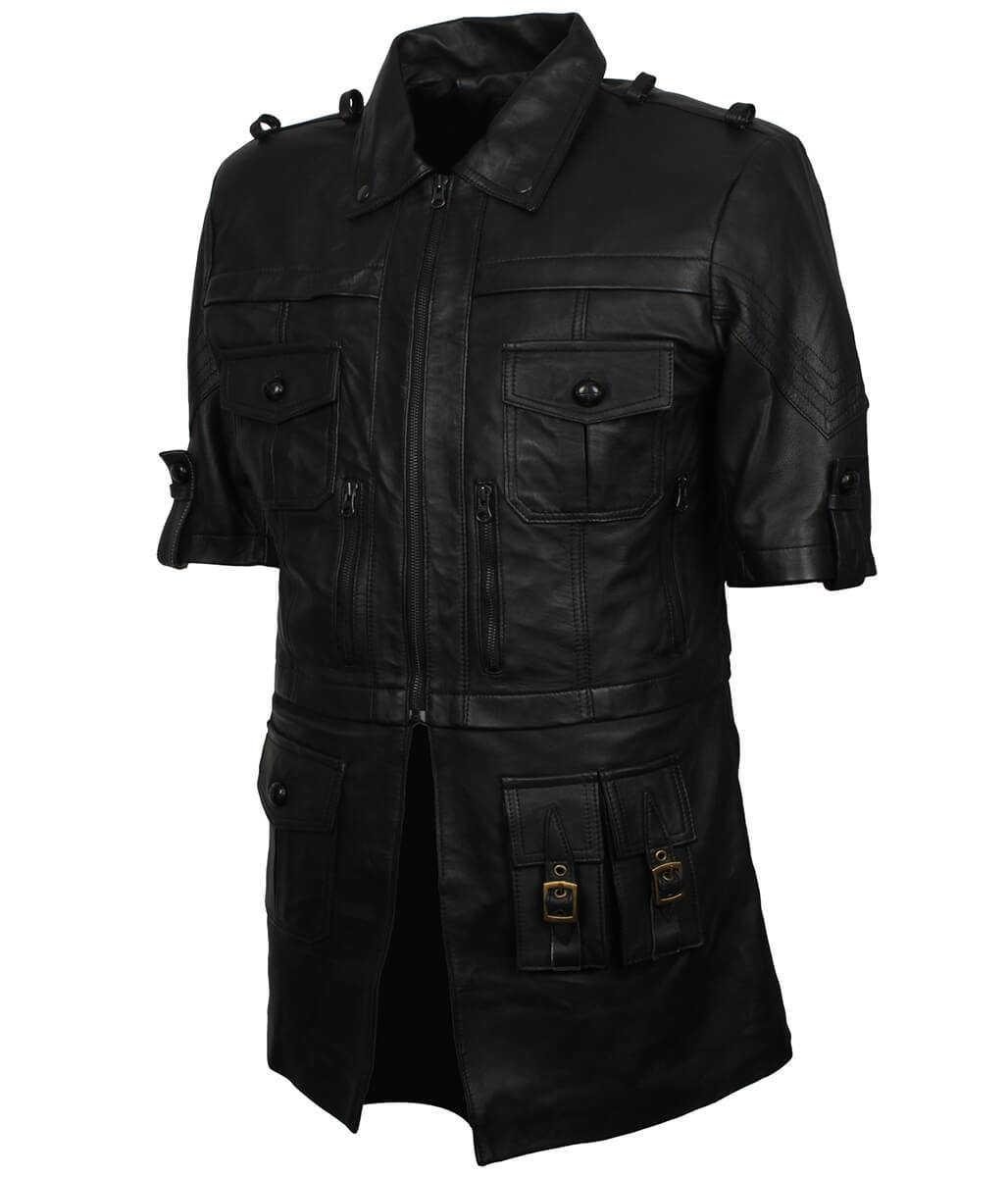 Men Short Sleeve Multi-Pocket Black Leather Coat