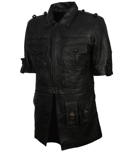 Men Short Sleeve Multi-Pocket Black Leather Coat