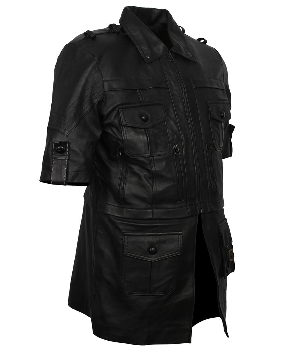 Men Short Sleeve Multi-Pocket Black Leather Coat