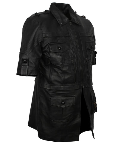 Men Short Sleeve Multi-Pocket Black Leather Coat