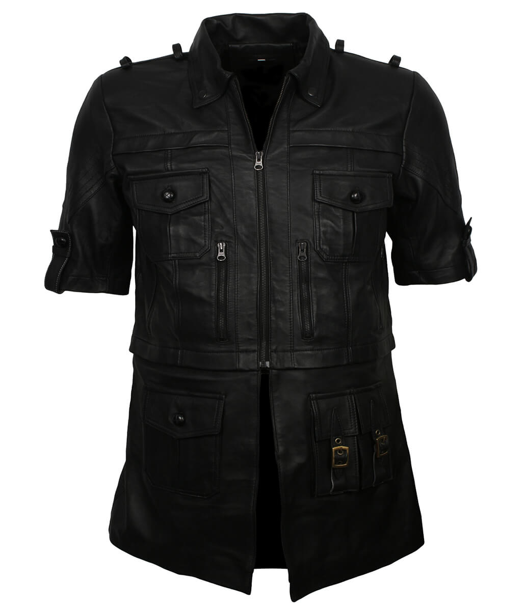 Men Short Sleeve Multi-Pocket Black Leather Coat
