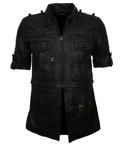 Men Short Sleeve Multi-Pocket Black Leather Coat