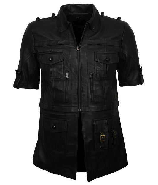 Men Short Sleeve Multi-Pocket Black Leather Coat