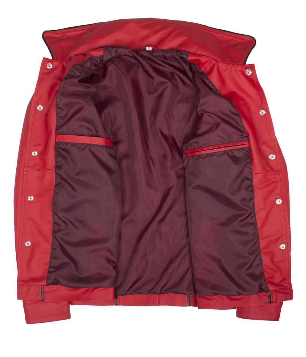 Men Snap Button Piping Detail Casual Red Leather Jacket