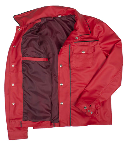 Men Snap Button Piping Detail Casual Red Leather Jacket