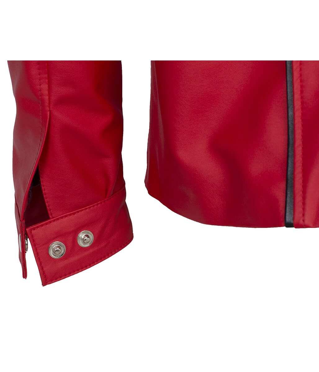 Men Snap Button Piping Detail Casual Red Leather Jacket