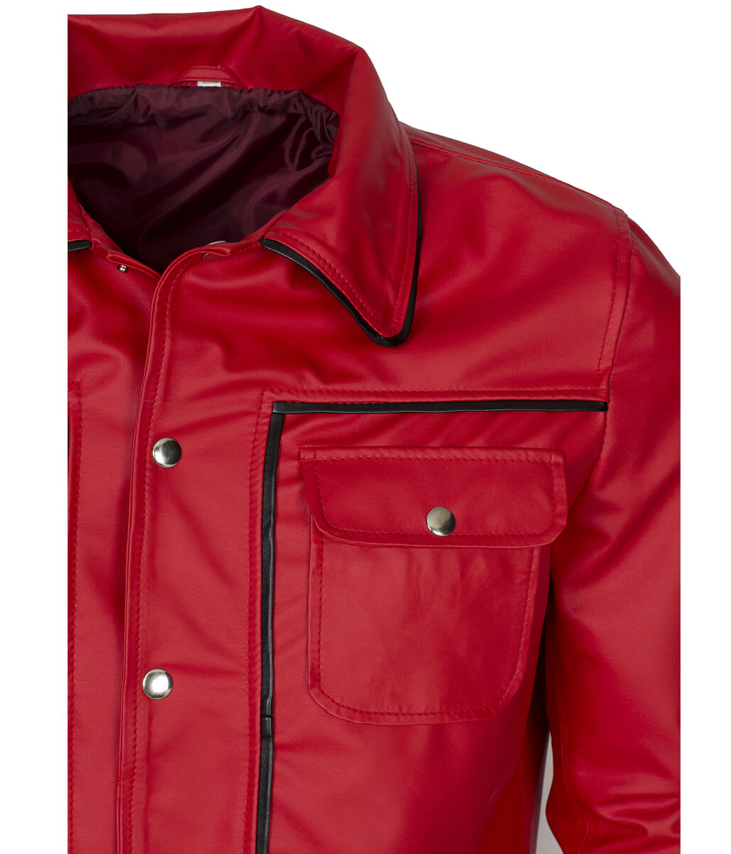 Men Snap Button Piping Detail Casual Red Leather Jacket