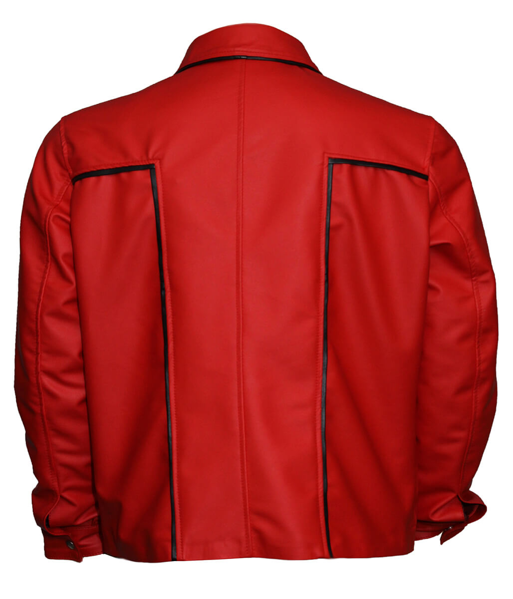 Men Snap Button Piping Detail Casual Red Leather Jacket